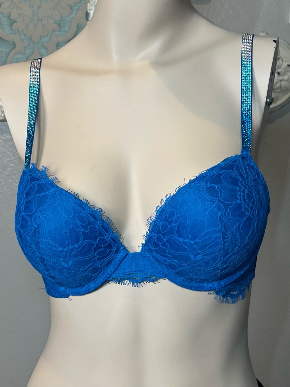 Victoria’s Secret Blue Lace Push-Up Bra with crystals on Straps
